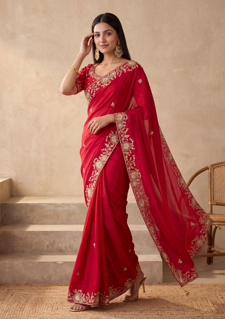 Rani Pink Satin Cording Saree With Matching Blouse Piece