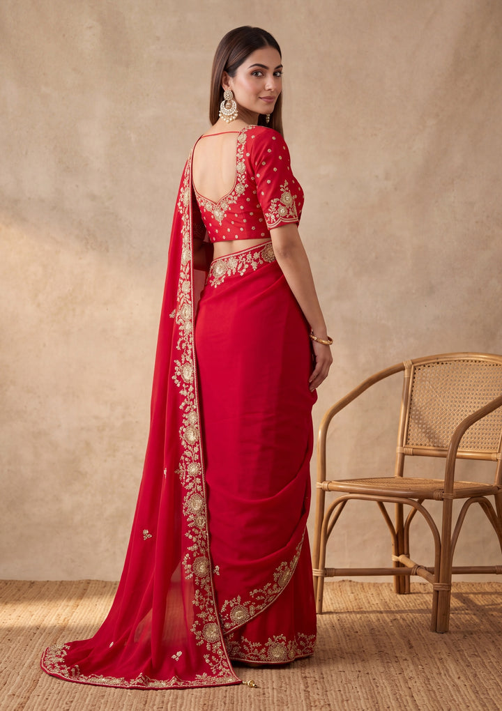 Rani Pink Satin Cording Saree With Matching Blouse Piece