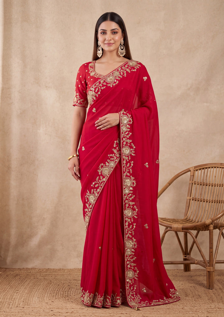 Rani Pink Satin Cording Saree With Matching Blouse Piece