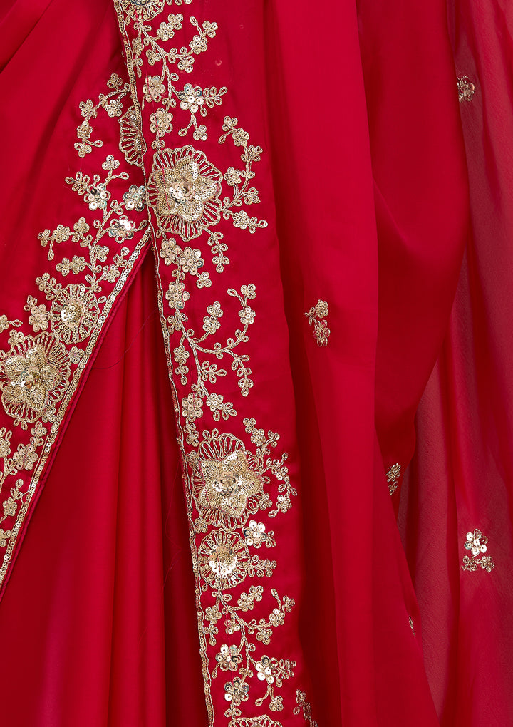 Rani Pink Satin Cording Saree With Matching Blouse Piece