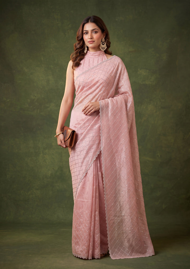 Baby Pink Tissue Gold Stonework Saree With Matching Blouse Piece