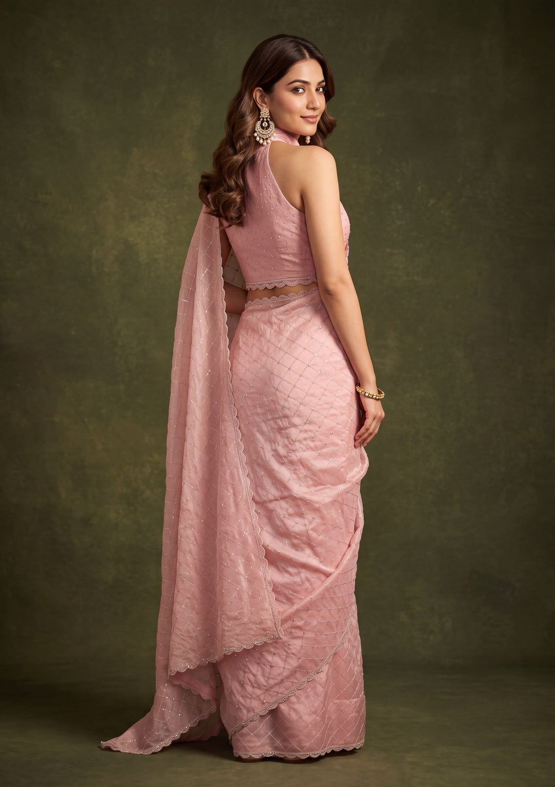 Baby Pink Tissue Gold Stonework Saree With Matching Blouse Piece