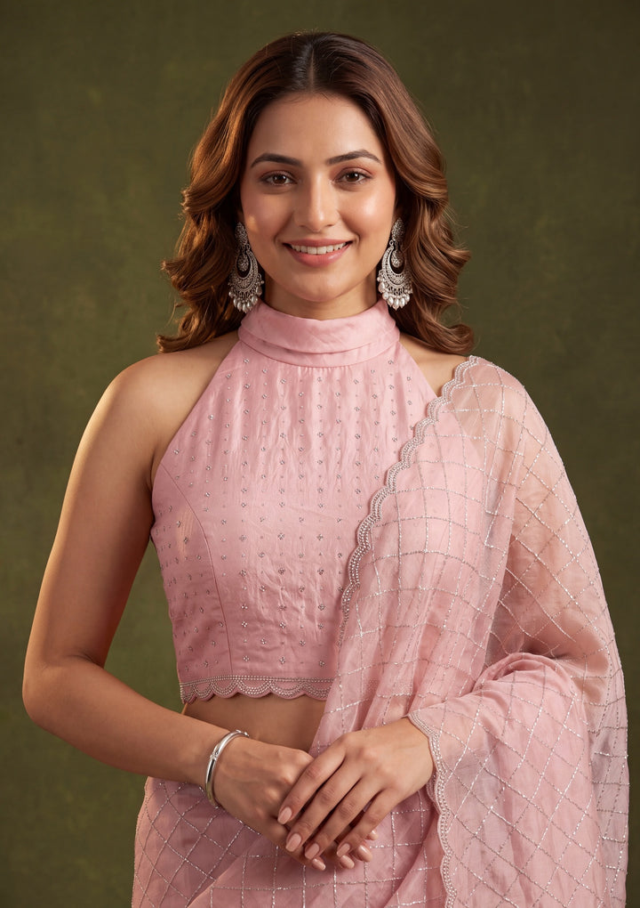 Baby Pink Tissue Gold Stonework Saree With Matching Blouse Piece