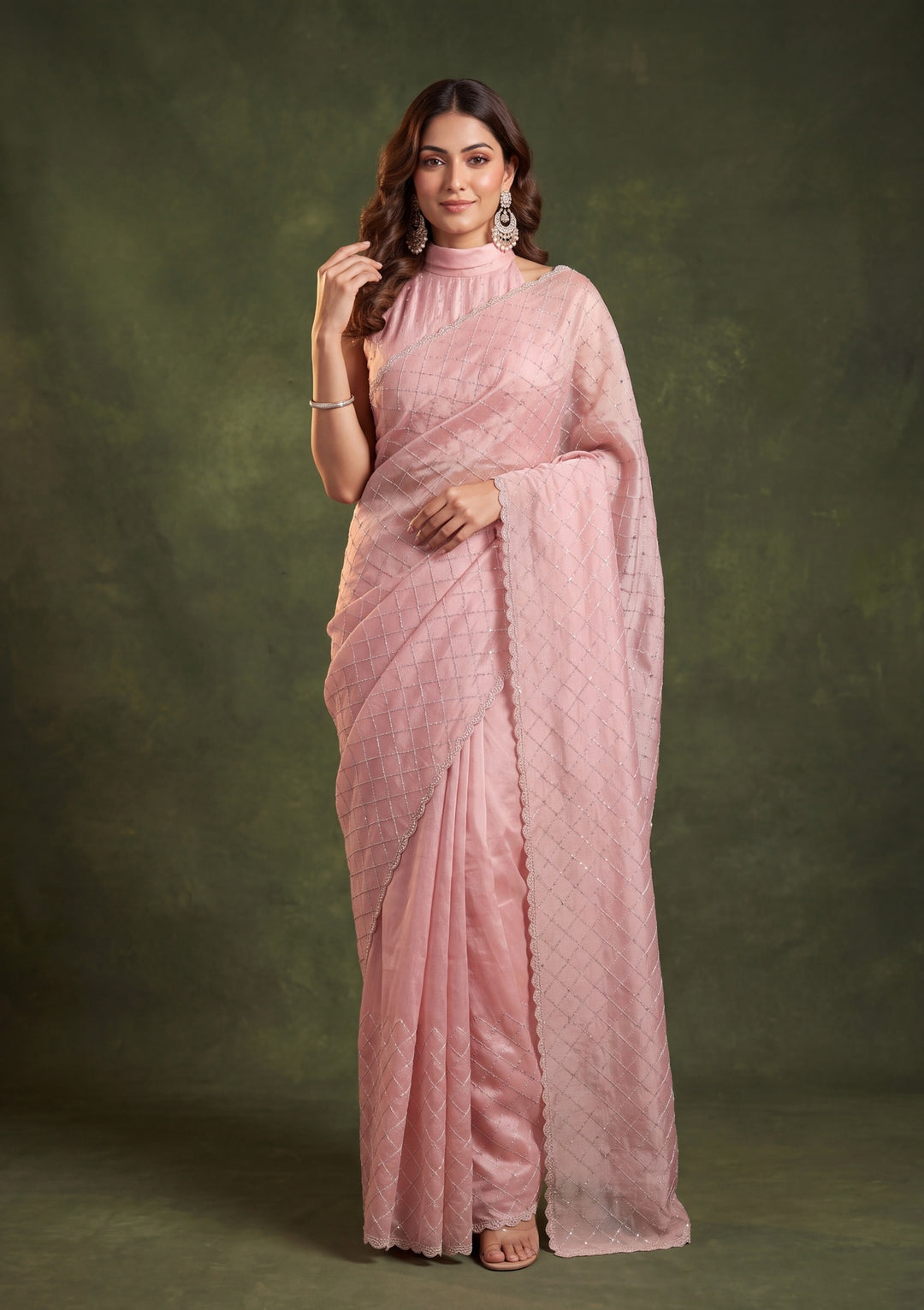 Baby Pink Tissue Gold Stonework Saree With Matching Blouse Piece