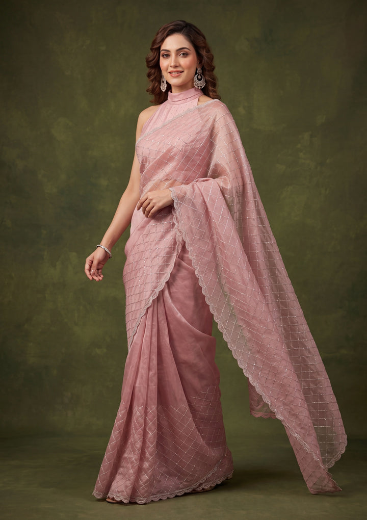Baby Pink Tissue Gold Stonework Saree With Matching Blouse Piece