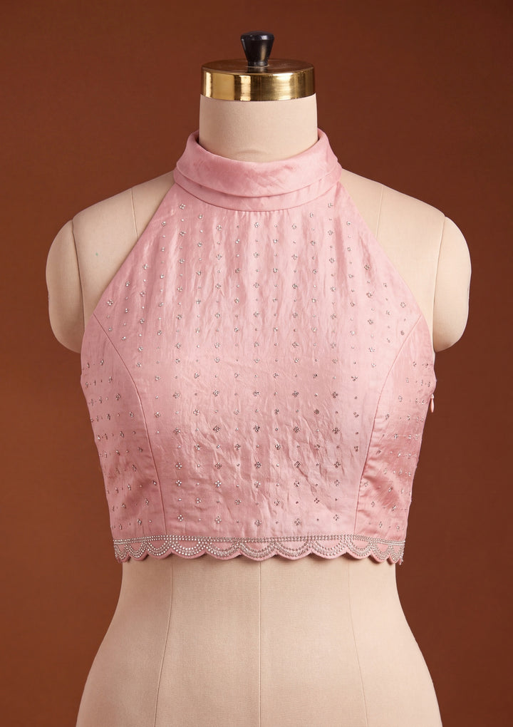 Baby Pink Tissue Gold Stonework Saree With Matching Blouse Piece