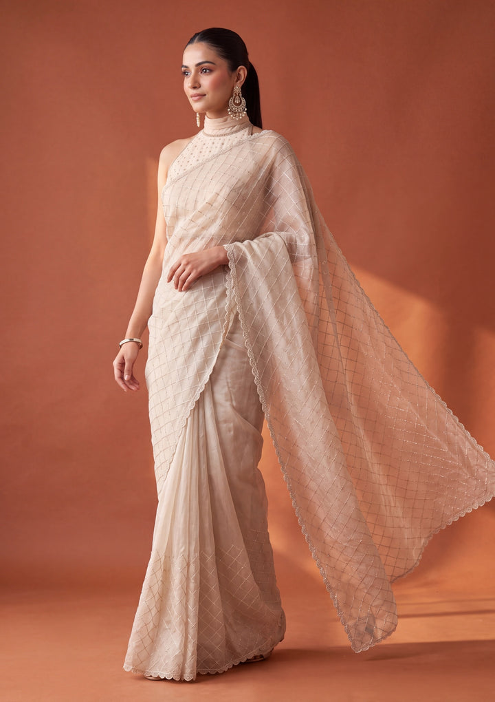 Off White Tissue Gold Stonework Saree With Matching Blouse Piece