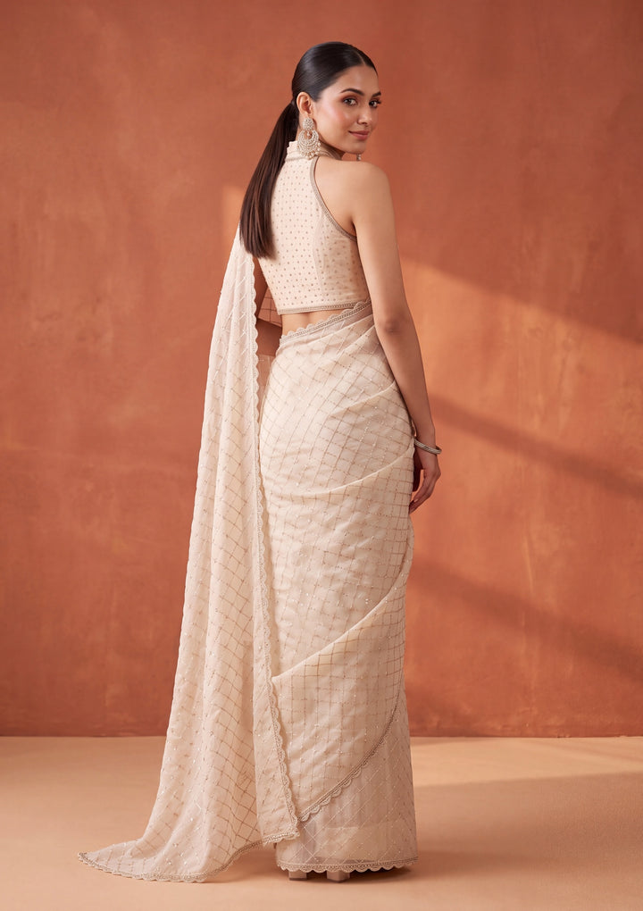 Off White Tissue Gold Stonework Saree With Matching Blouse Piece