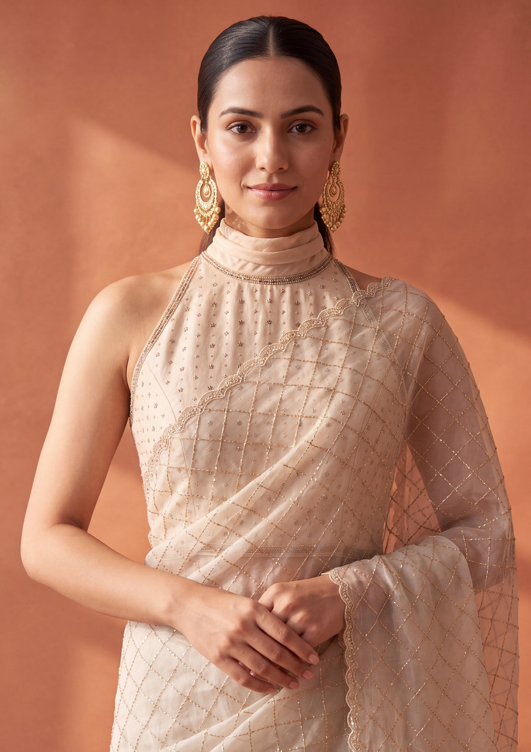 Off White Tissue Gold Stonework Saree With Matching Blouse Piece