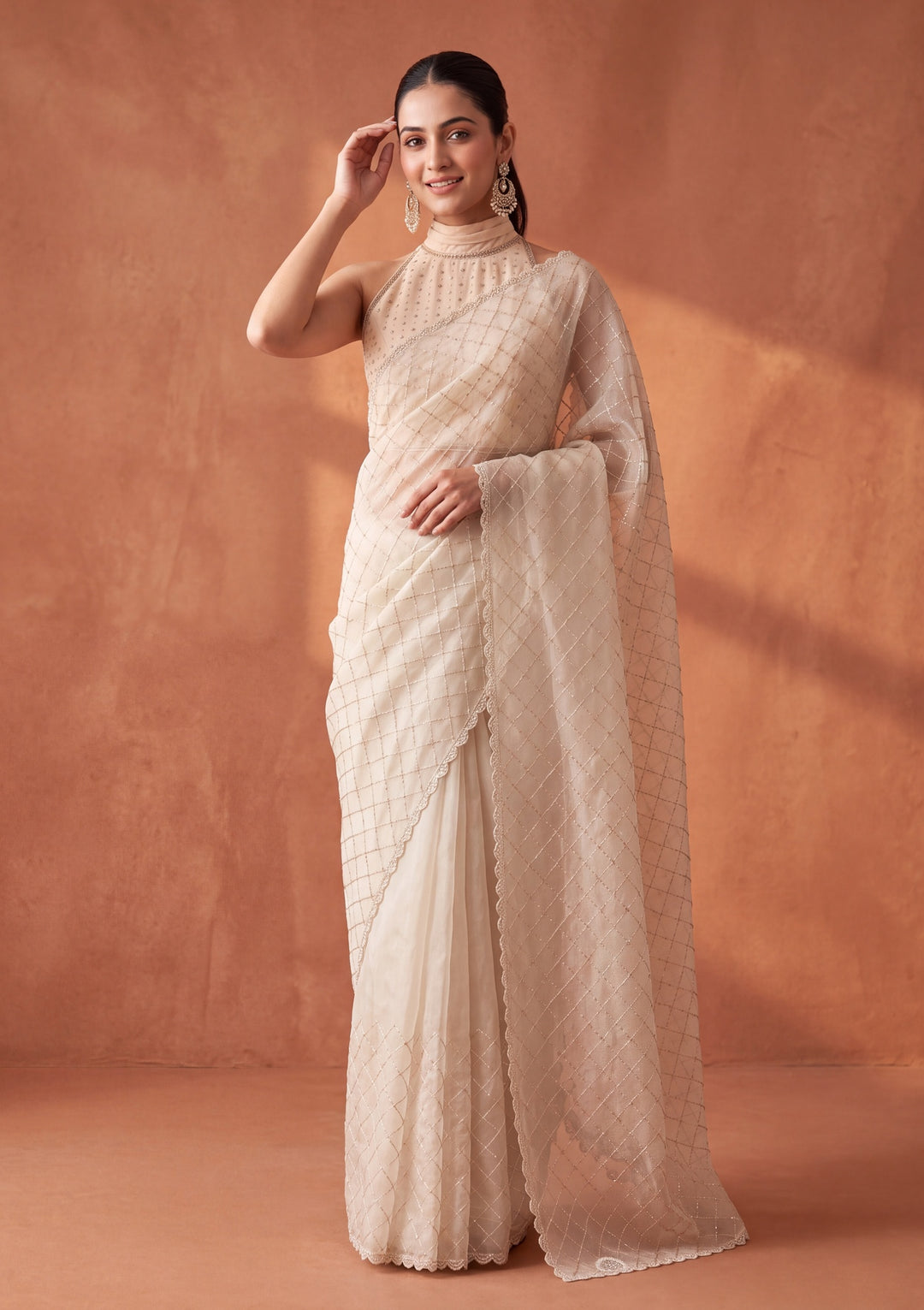 Off White Tissue Gold Stonework Saree With Matching Blouse Piece