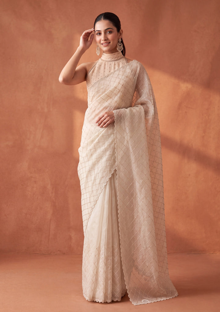 Off White Tissue Gold Stonework Saree With Matching Blouse Piece