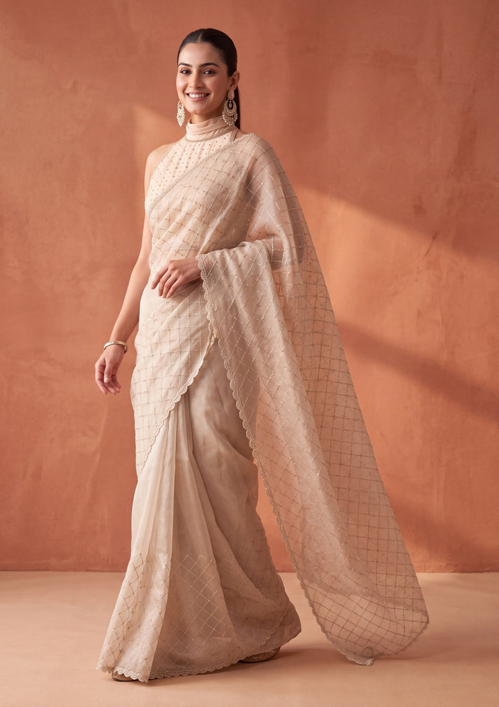 Off White Tissue Gold Stonework Saree With Matching Blouse Piece
