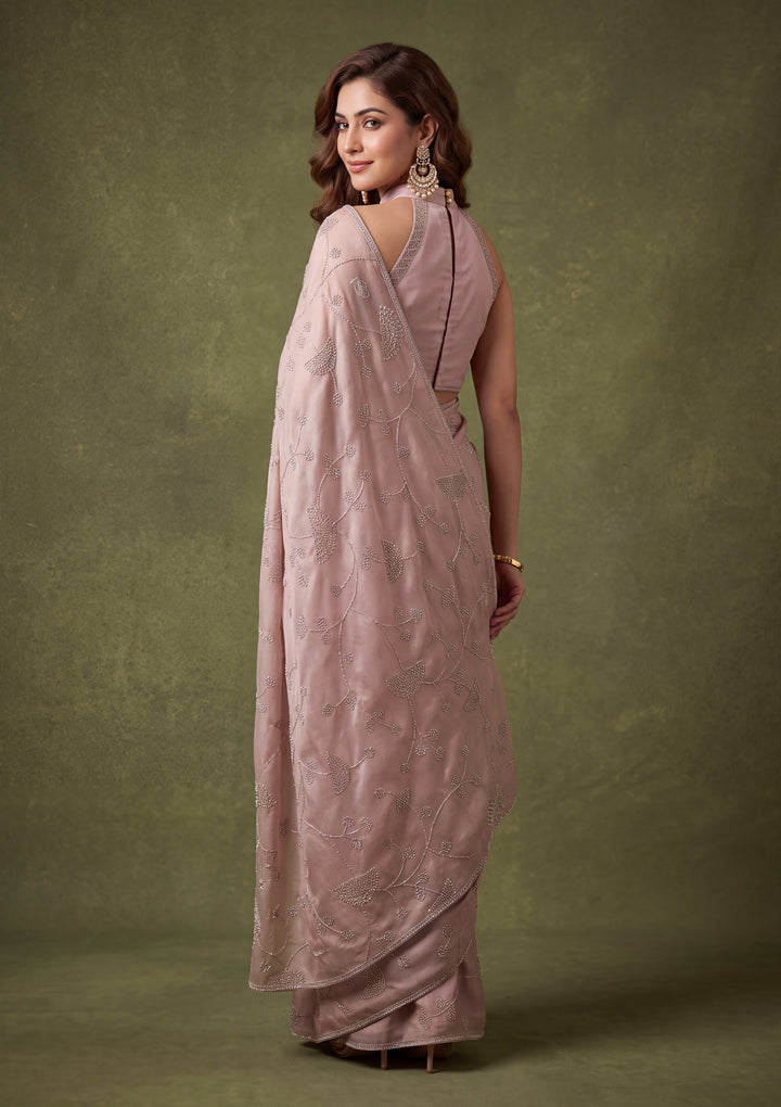 Light Lavender Tissue Gold Stonework Saree With Matching Blouse Piece