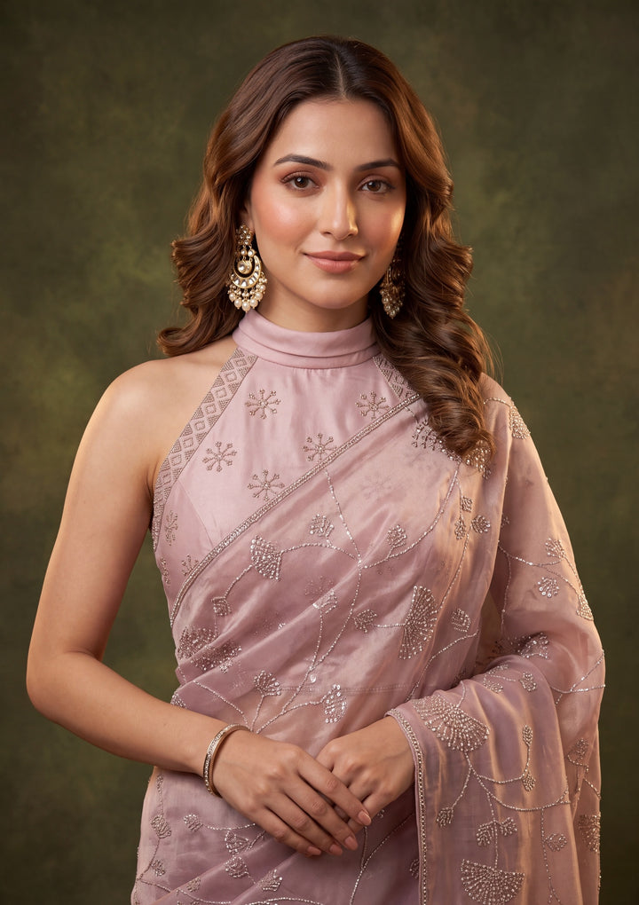 Light Lavender Tissue Gold Stonework Saree With Matching Blouse Piece