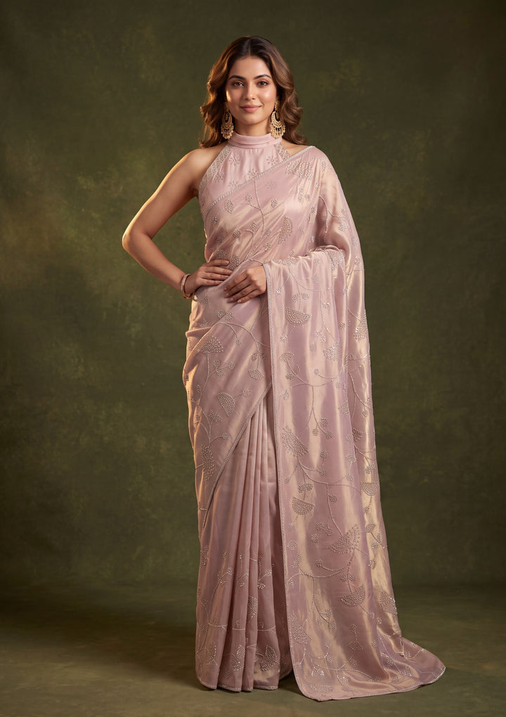 Light Lavender Tissue Gold Stonework Saree With Matching Blouse Piece
