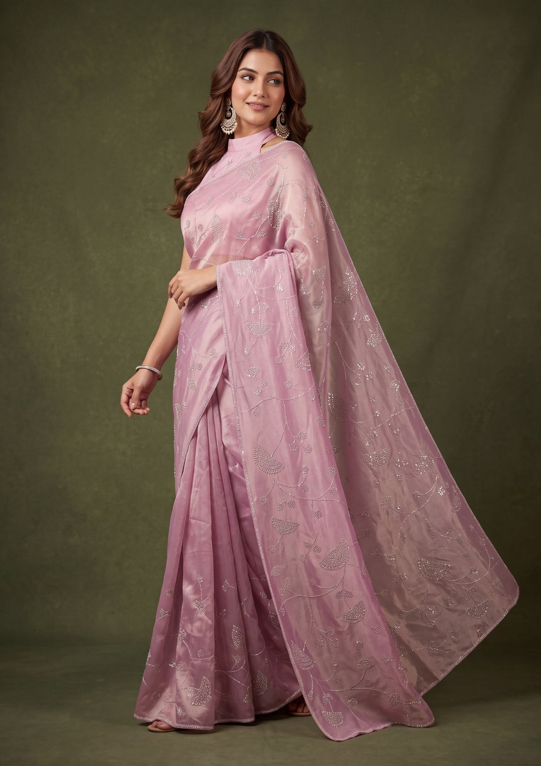 Onion Pink Tissue Gold Stonework Saree With Matching Blouse Piece