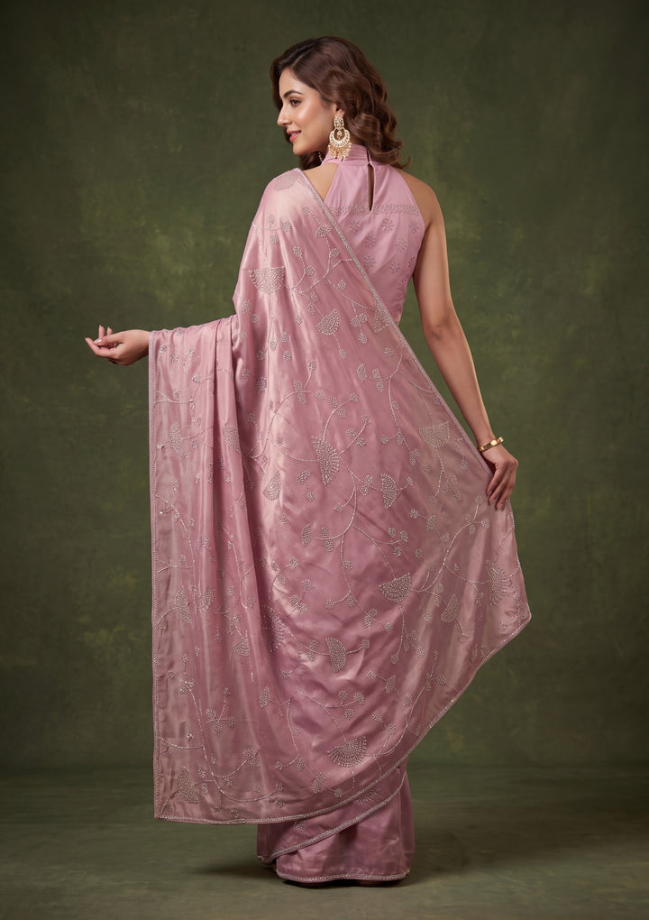Onion Pink Tissue Gold Stonework Saree With Matching Blouse Piece