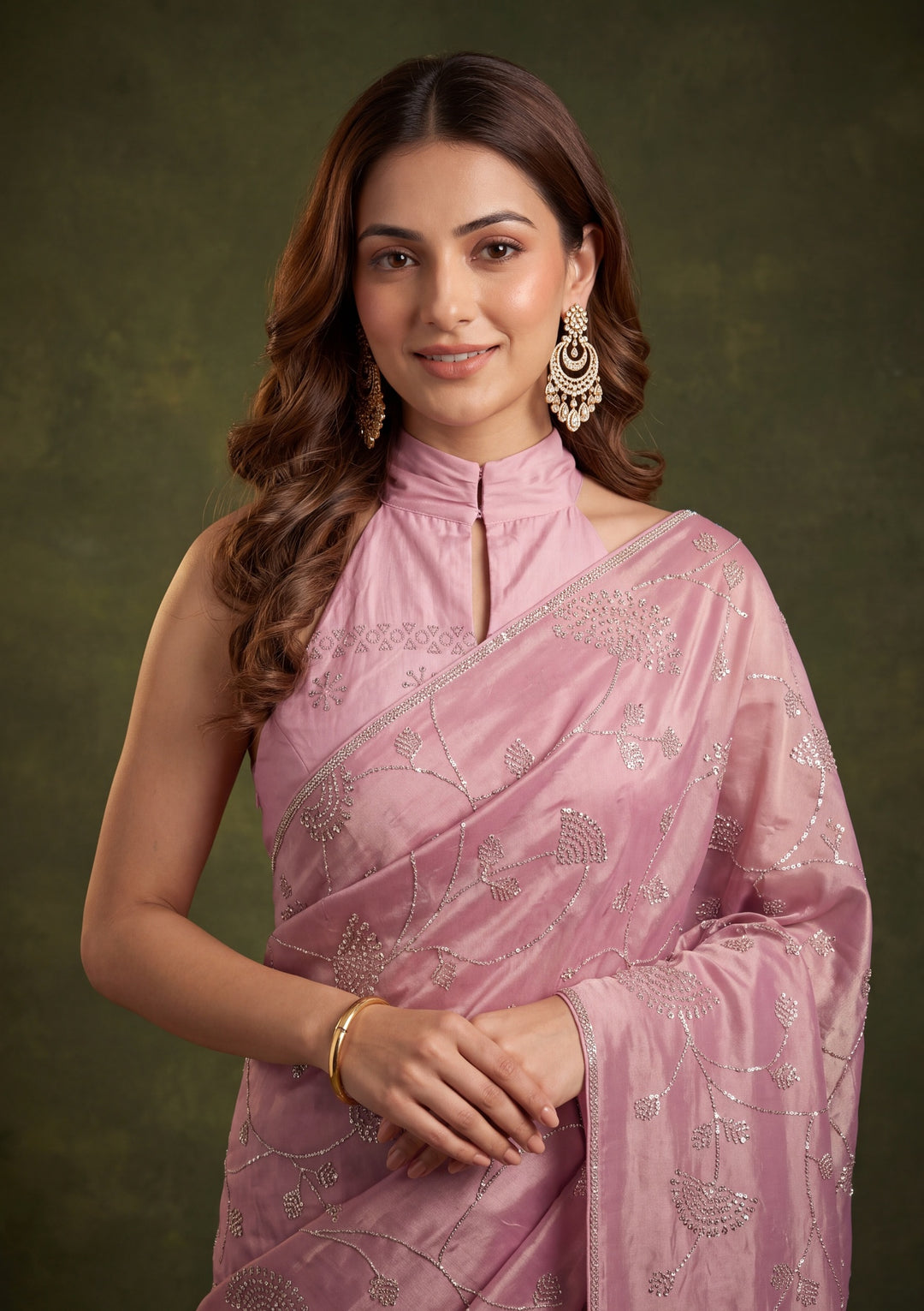 Onion Pink Tissue Gold Stonework Saree With Matching Blouse Piece