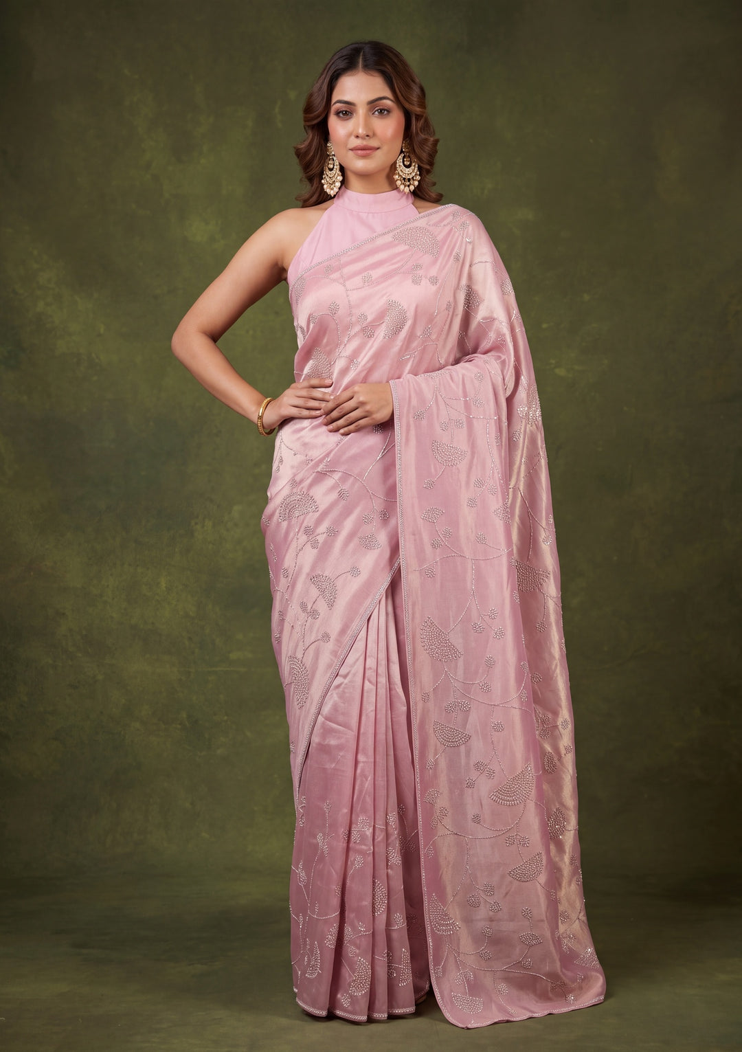 Onion Pink Tissue Gold Stonework Saree With Matching Blouse Piece