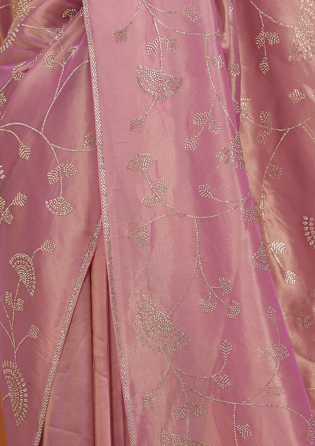 Onion Pink Tissue Gold Stonework Saree With Matching Blouse Piece