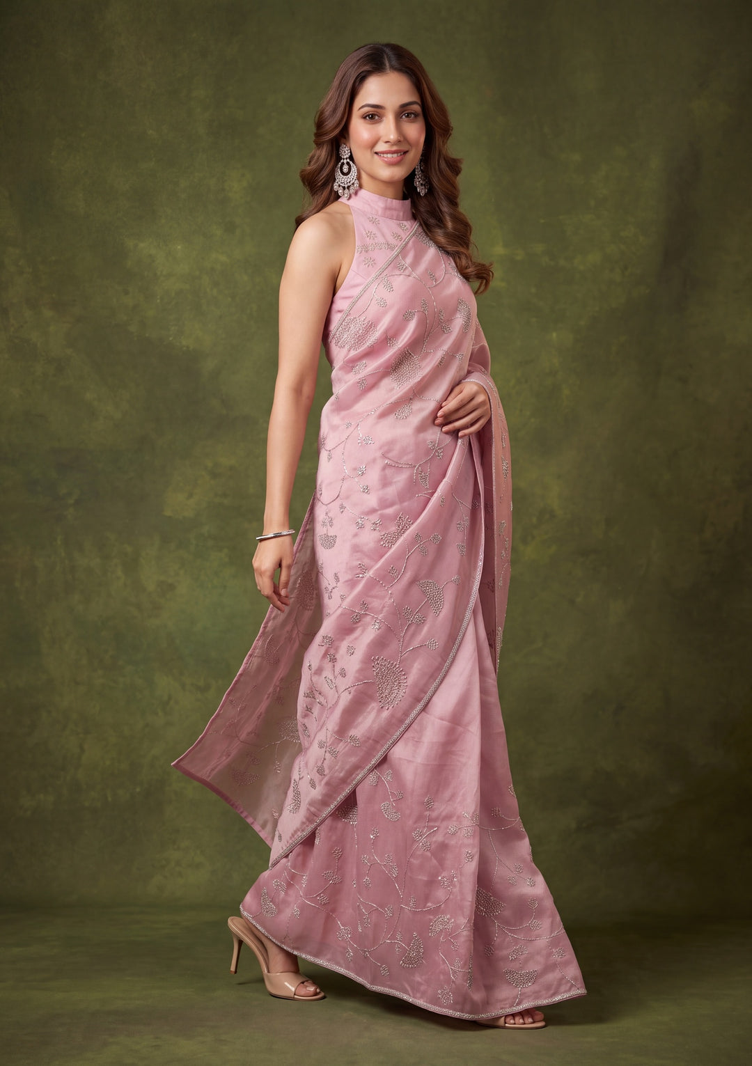 Onion Pink Tissue Gold Stonework Saree With Matching Blouse Piece