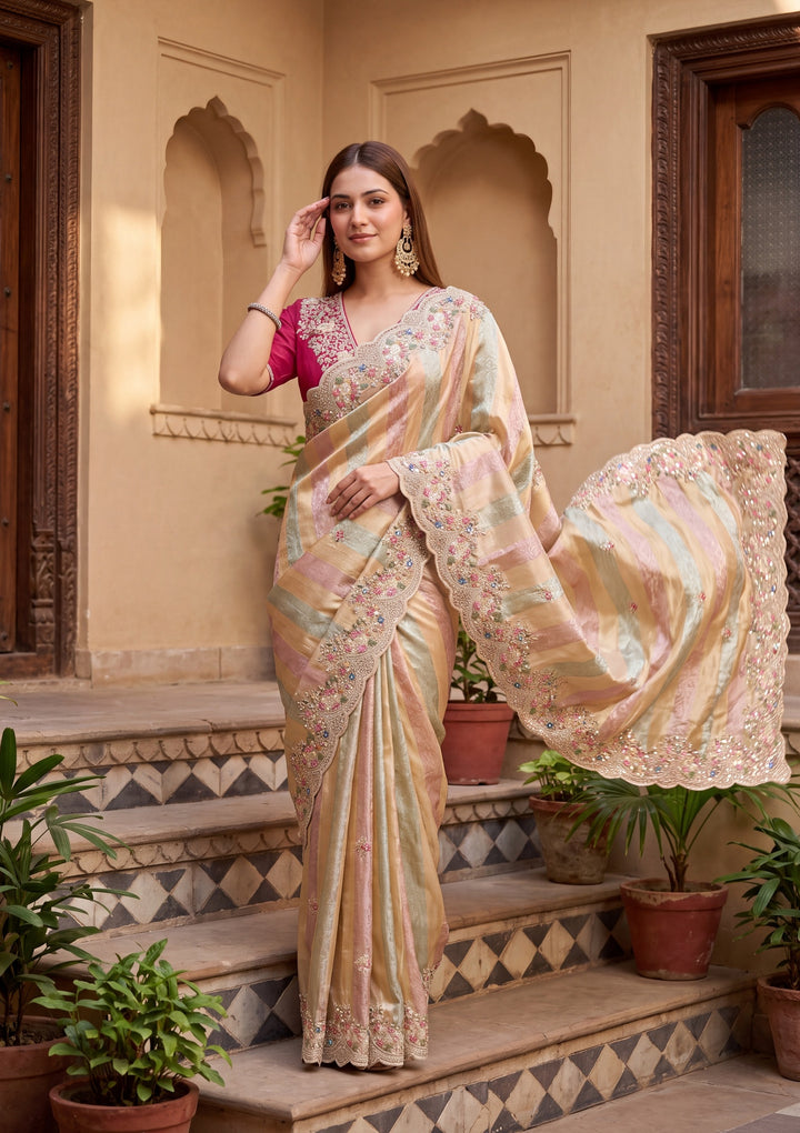 Pink Tissue Threadwork Saree With Matching Blouse Piece