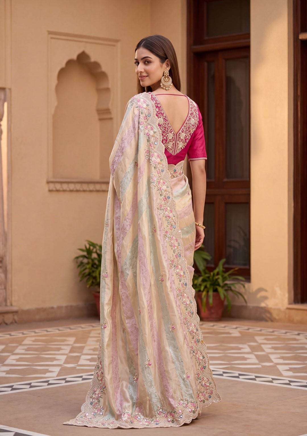Pink Tissue Threadwork Saree With Matching Blouse Piece