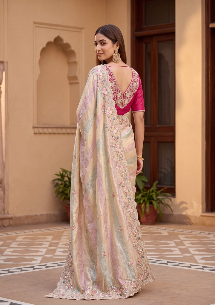 Pink Tissue Threadwork Saree With Matching Blouse Piece