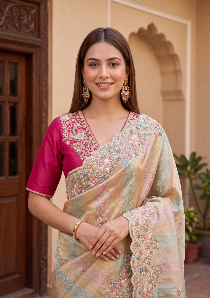 Pink Tissue Threadwork Saree With Matching Blouse Piece
