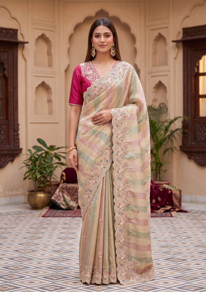Pink Tissue Threadwork Saree With Matching Blouse Piece