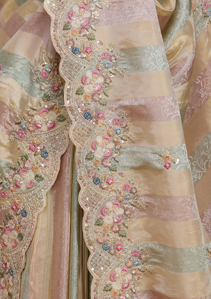 Pink Tissue Threadwork Saree With Matching Blouse Piece