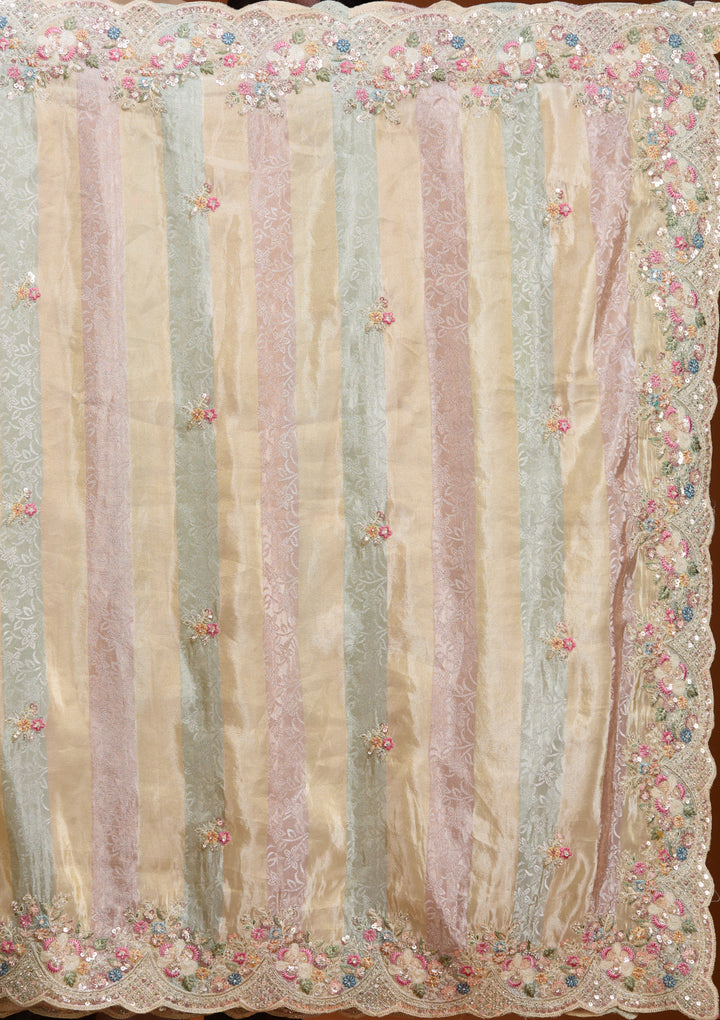 Pink Tissue Threadwork Saree With Matching Blouse Piece