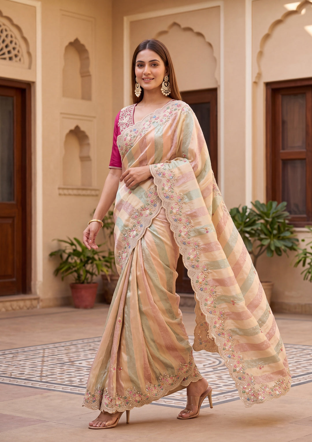 Pink Tissue Threadwork Saree With Matching Blouse Piece
