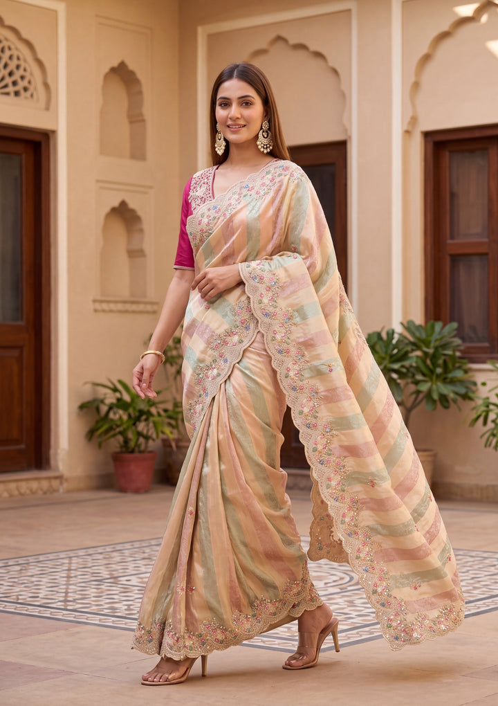 Pink Tissue Threadwork Saree With Matching Blouse Piece
