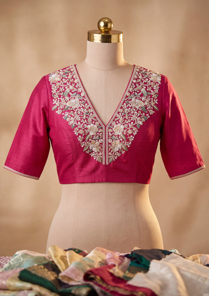 Pink Tissue Threadwork Saree With Matching Blouse Piece