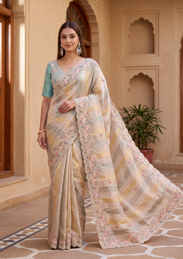 Sea Green Tissue Threadwork Saree With Matching Blouse Piece