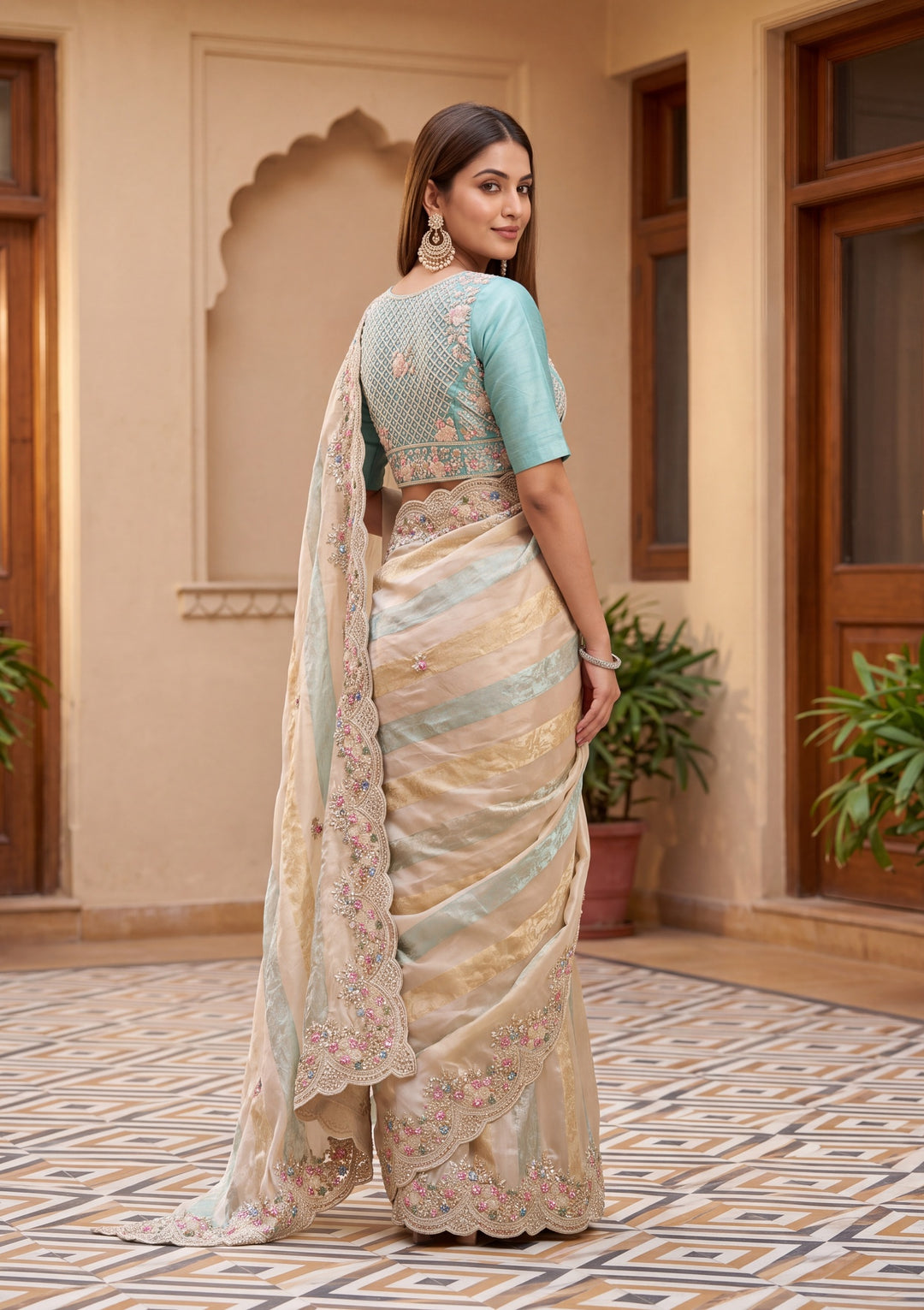 Sea Green Tissue Threadwork Saree With Matching Blouse Piece
