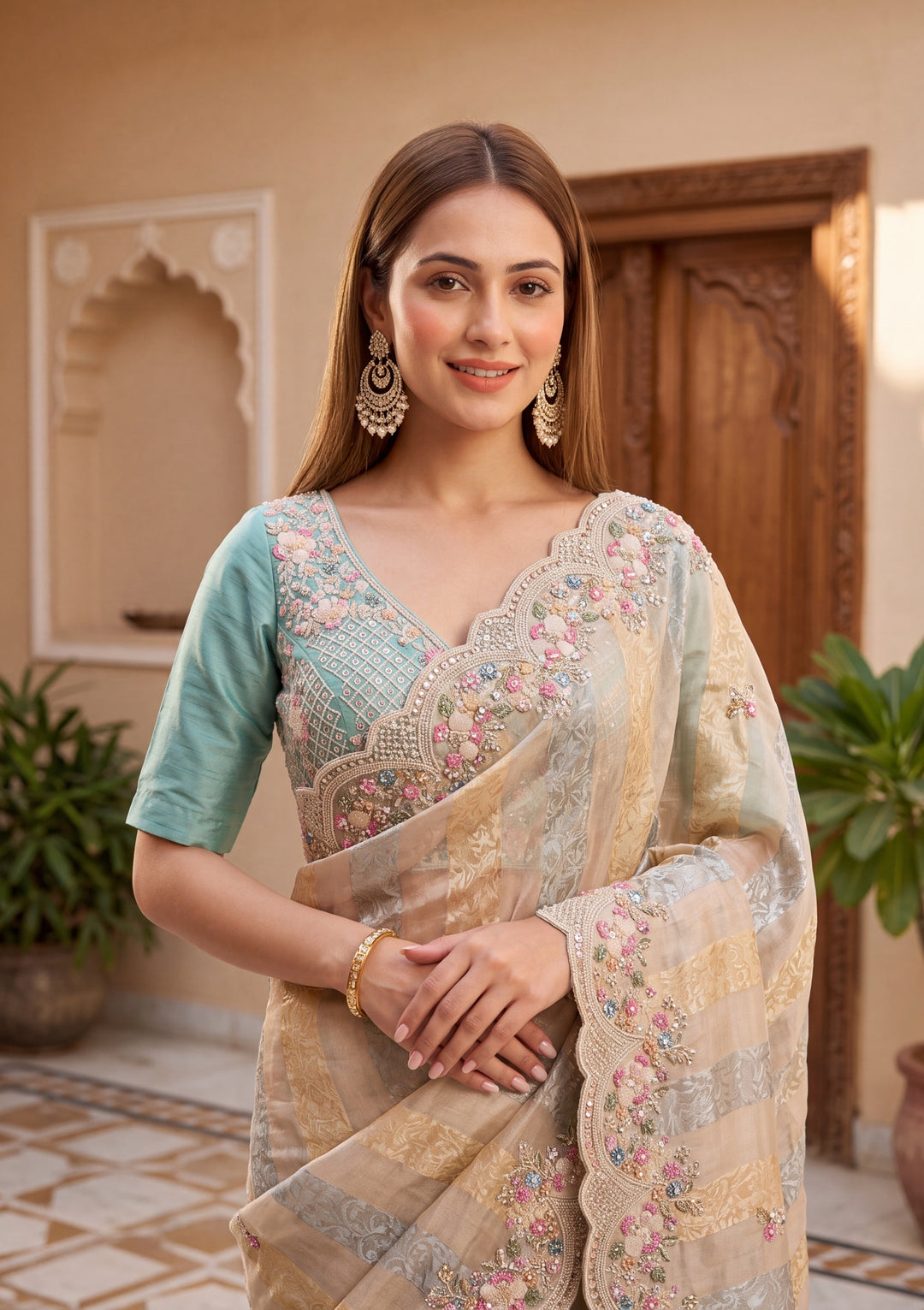 Sea Green Tissue Threadwork Saree With Matching Blouse Piece