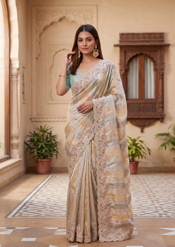 Sea Green Tissue Threadwork Saree With Matching Blouse Piece