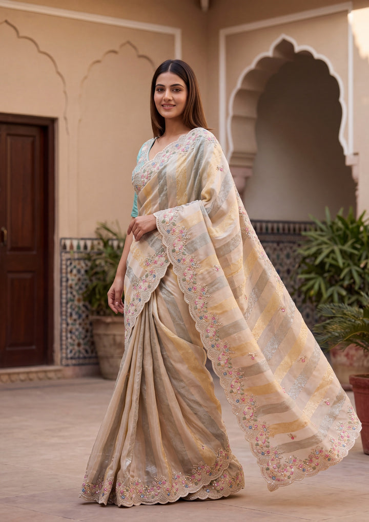 Sea Green Tissue Threadwork Saree With Matching Blouse Piece