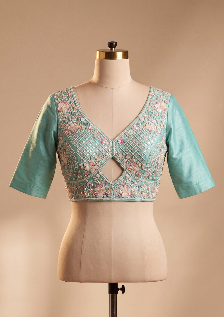 Sea Green Tissue Threadwork Saree With Matching Blouse Piece