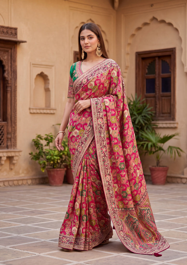 Rani Pink Satin Abstract Geometric Sequins Saree With Matching Blouse Piece