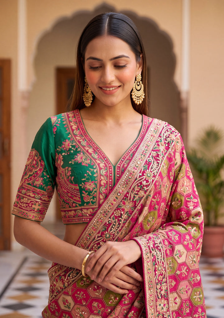 Rani Pink Satin Abstract Geometric Sequins Saree With Matching Blouse Piece