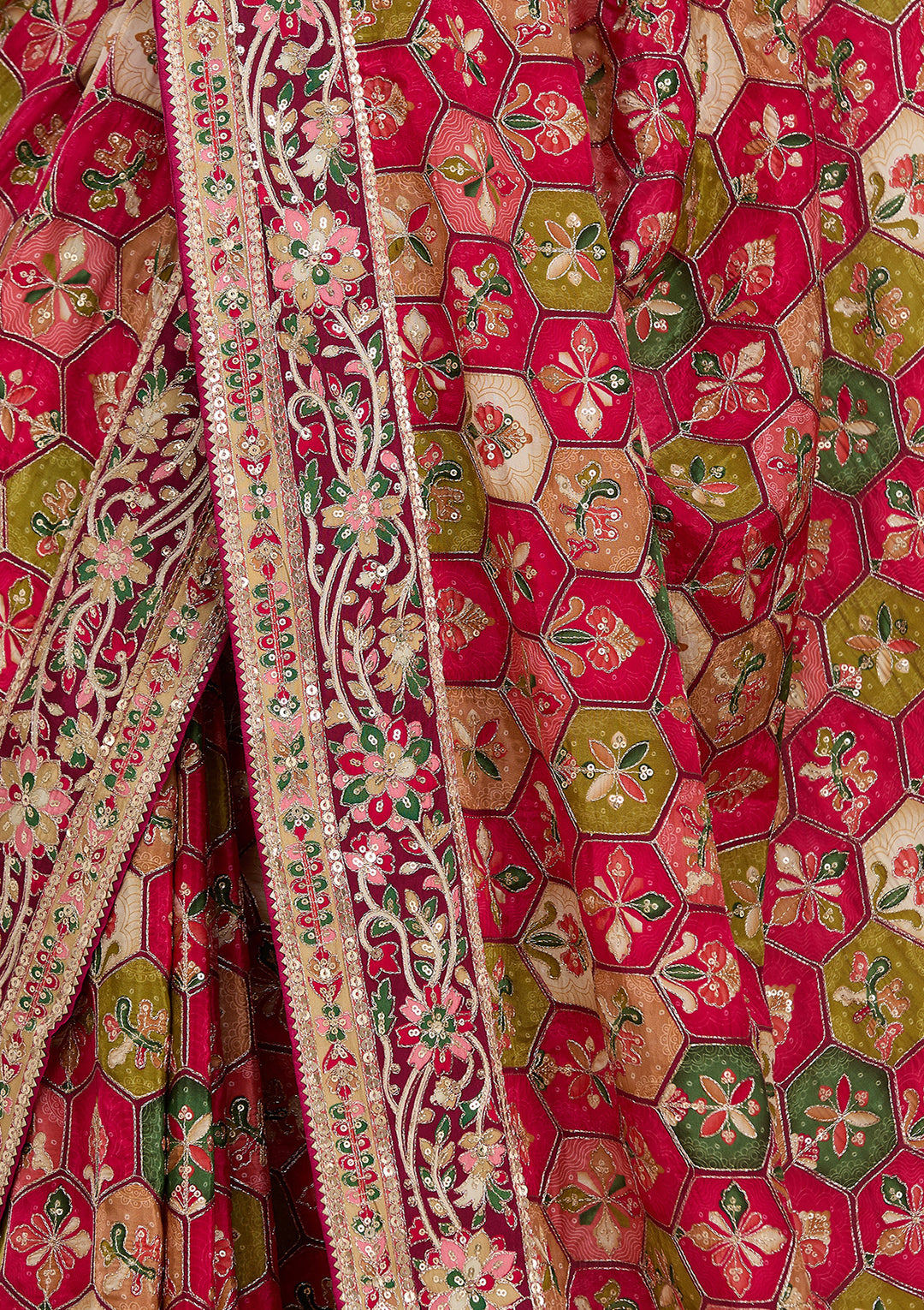 Rani Pink Satin Abstract Geometric Sequins Saree With Matching Blouse Piece