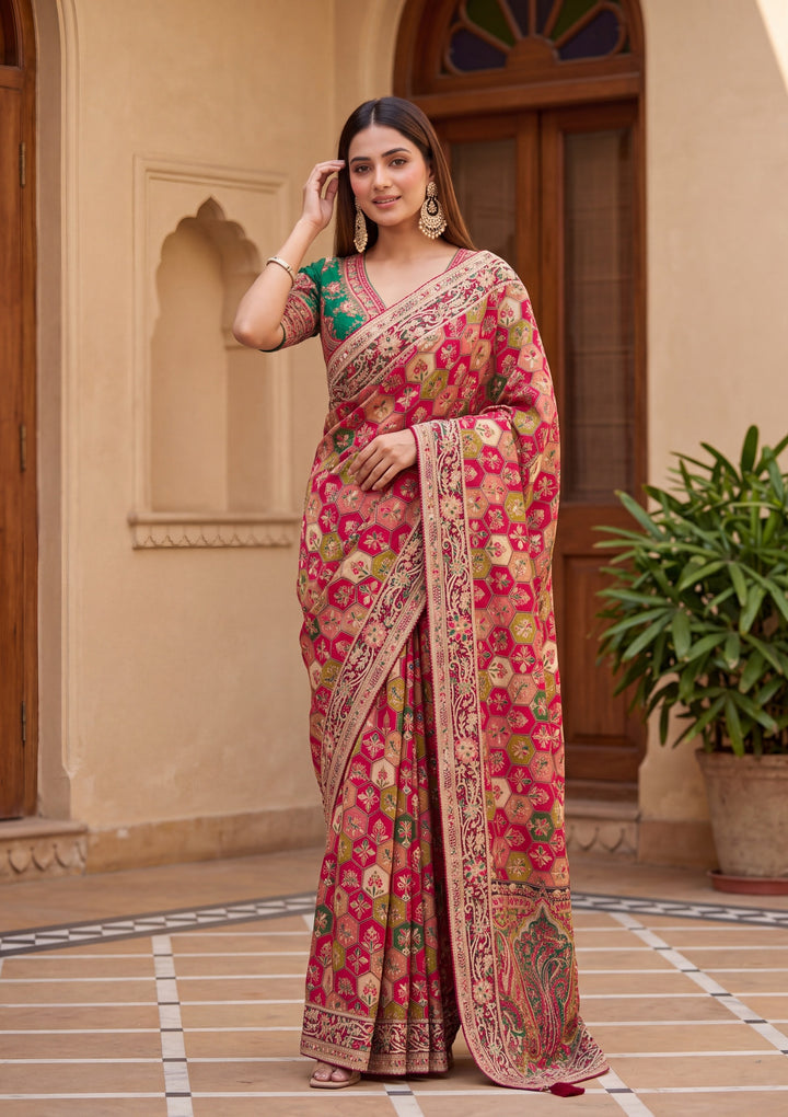 Rani Pink Satin Abstract Geometric Sequins Saree With Matching Blouse Piece