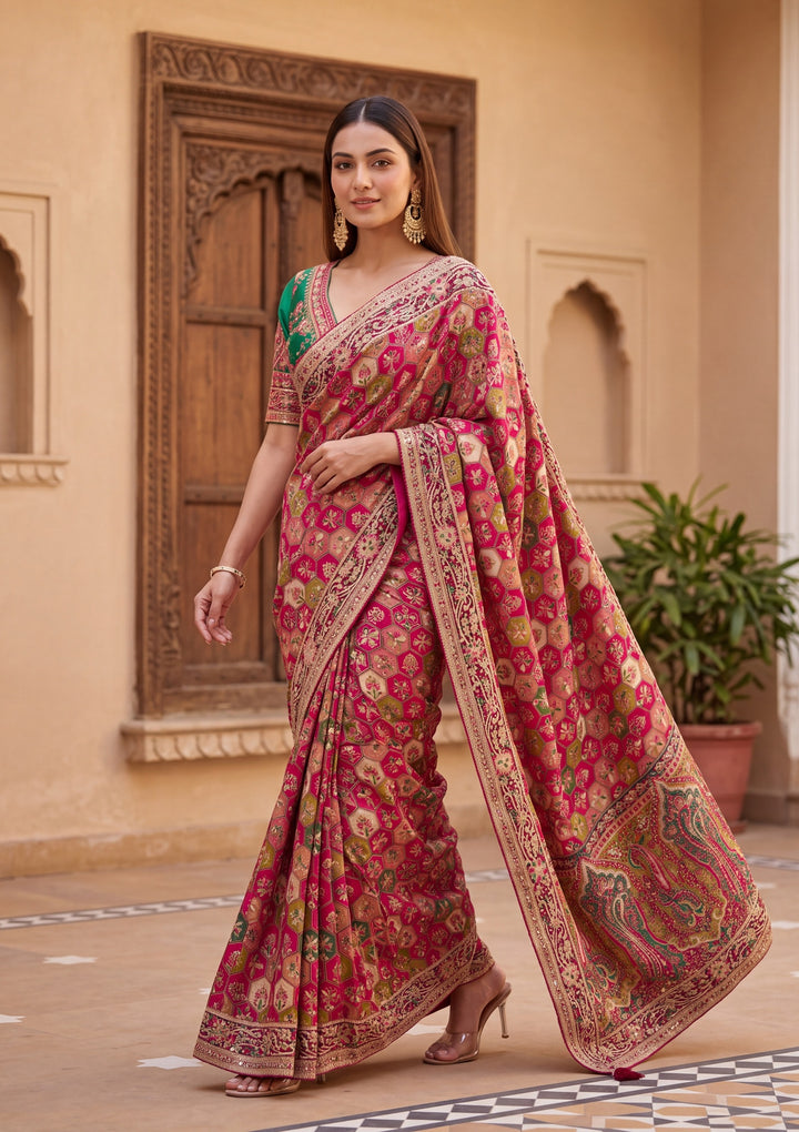 Rani Pink Satin Abstract Geometric Sequins Saree With Matching Blouse Piece