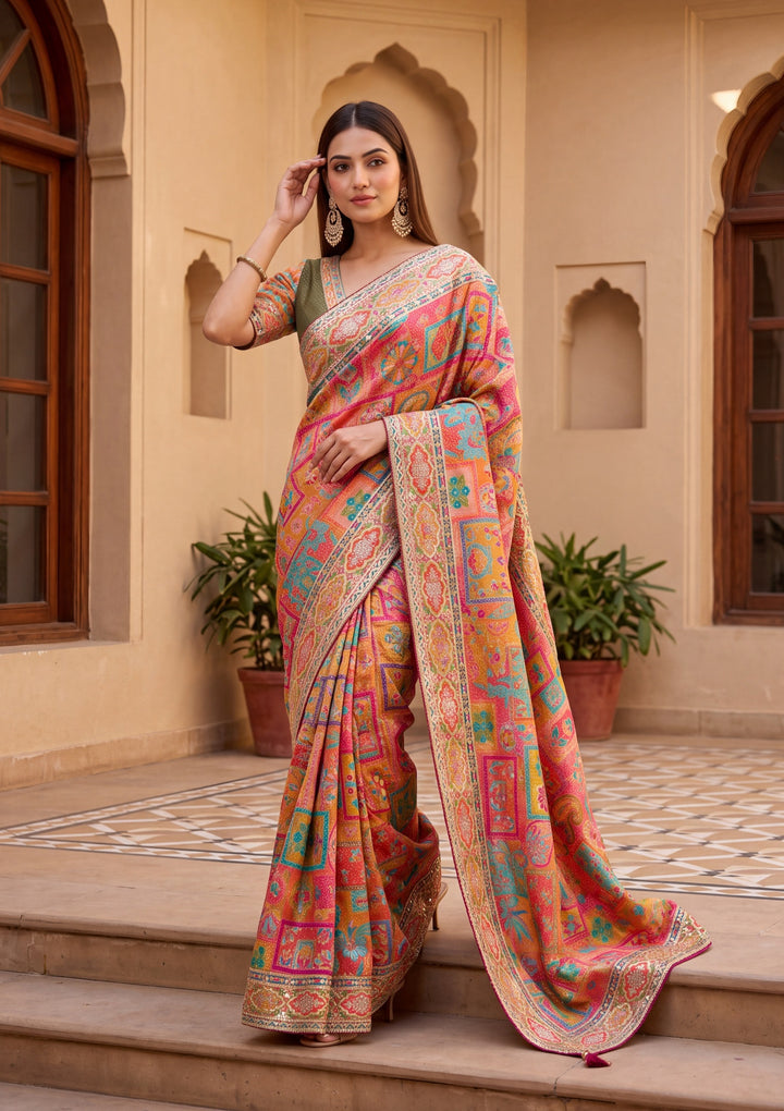Orange Satin Abstract Geometric Sequins Saree With Matching Blouse Piece
