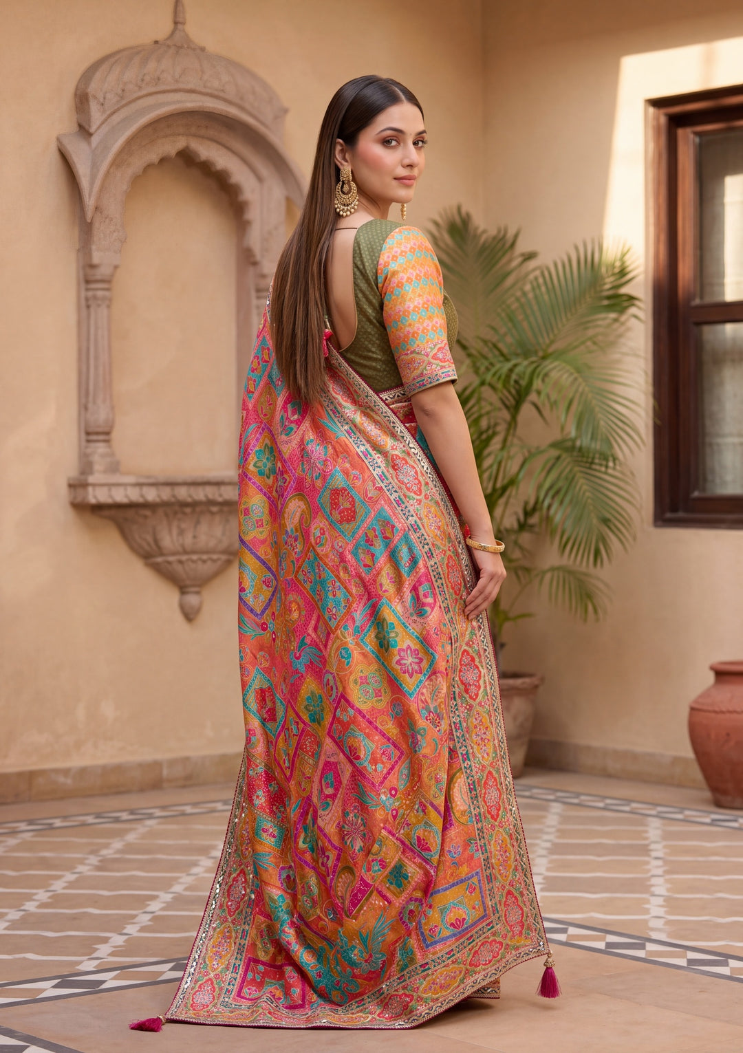 Orange Satin Abstract Geometric Sequins Saree With Matching Blouse Piece