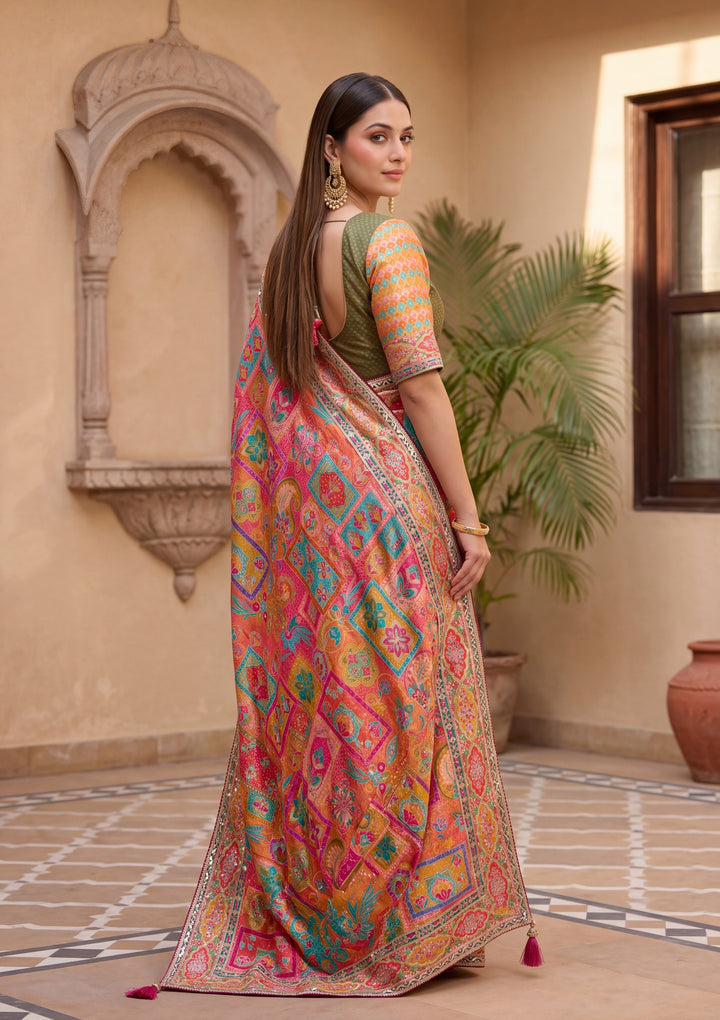 Orange Satin Abstract Geometric Sequins Saree With Matching Blouse Piece