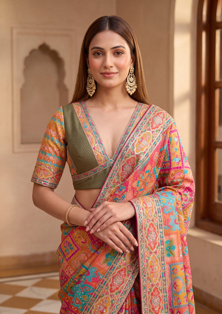 Orange Satin Abstract Geometric Sequins Saree With Matching Blouse Piece